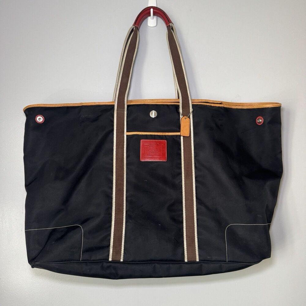 Coach Nylon & Leather Tote Black/Red/Brown Snap Up Large L2K-5074